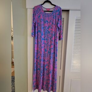 Lilly Pulitzer Pink and Blue Floral Maxi Dress with Three-Quarter Sleeves